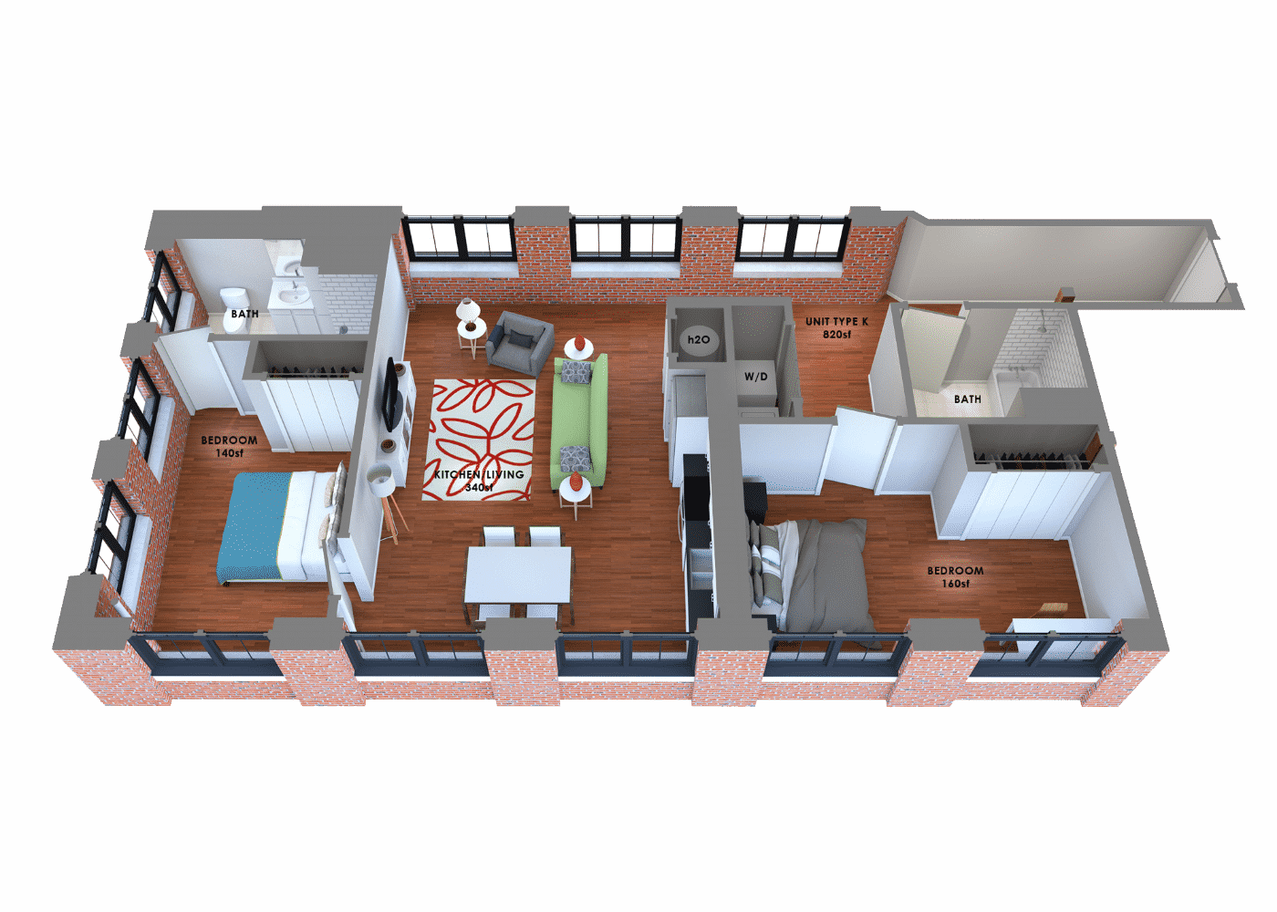 95 Lofts 2 bedroom 820 square feet